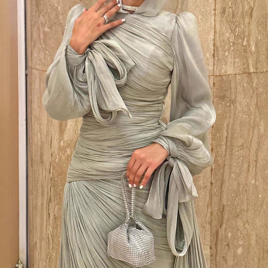 Ruched Evening Dress | Puff Sleeve Bodycon Maxi Dress(MS280)