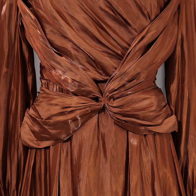 Satin Diagonal Pleat Dress with Bow Waist(MS324)
