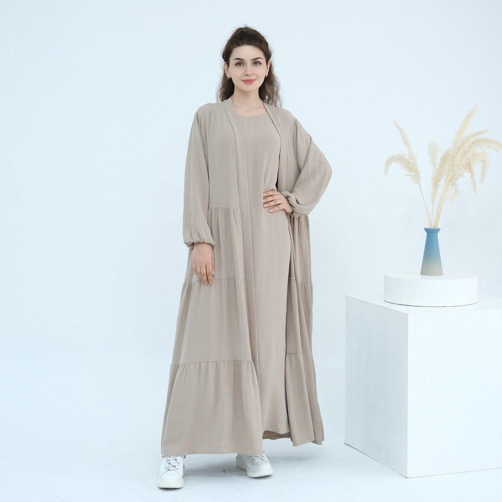 Solid Color Puff Sleeve Layered Maxi Dress Robe Dress Two-Piece Set (MOA165)
