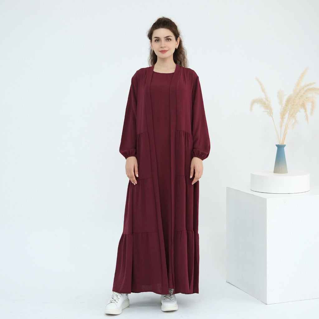 Solid Color Puff Sleeve Layered Maxi Dress Robe Dress Two-Piece Set (MOA165)