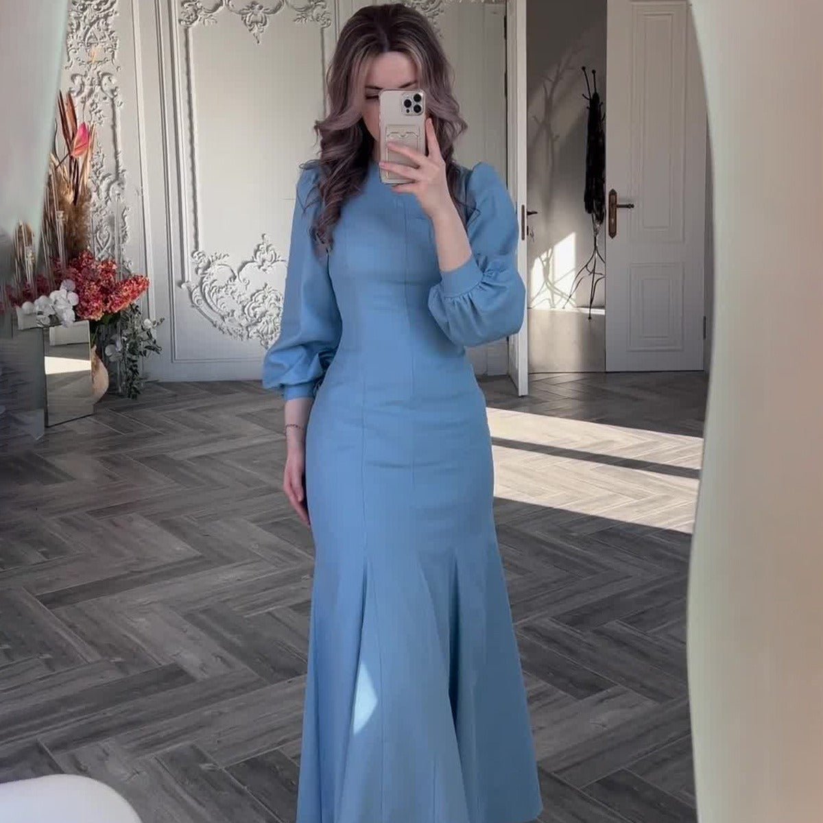 Spring Elegant Court-Style Long Sleeve Blue Chiffon Mermaid Dress Abaya (MA222)