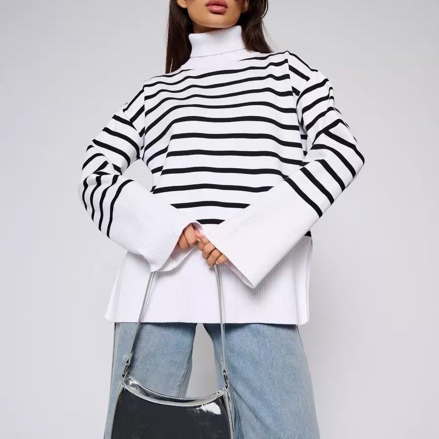 Striped Turtleneck Sweater | Oversized Colorblock Pullover(MS252)