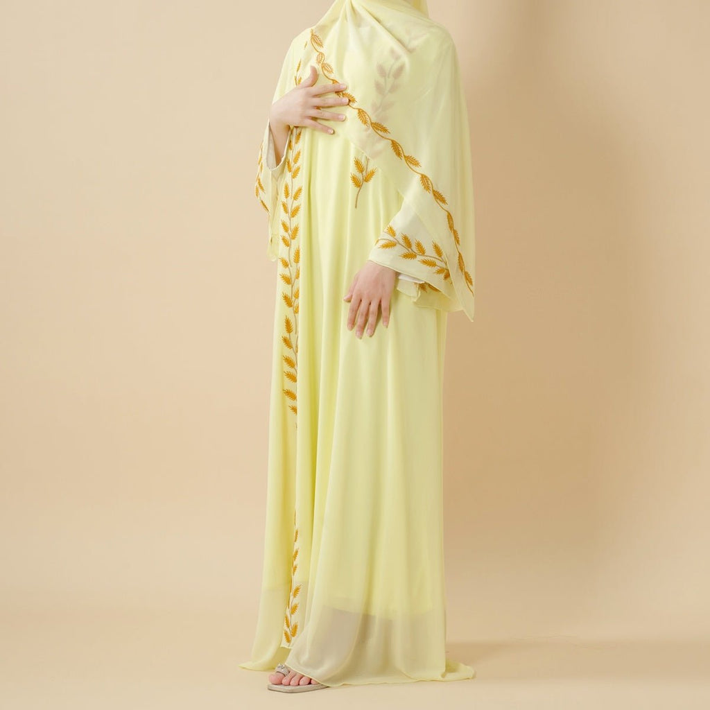 Summer Floral Embroidered Elegant Crew Neck Long Sleeve Chiffon Abaya Dress with Matching Headscarf (MA230)