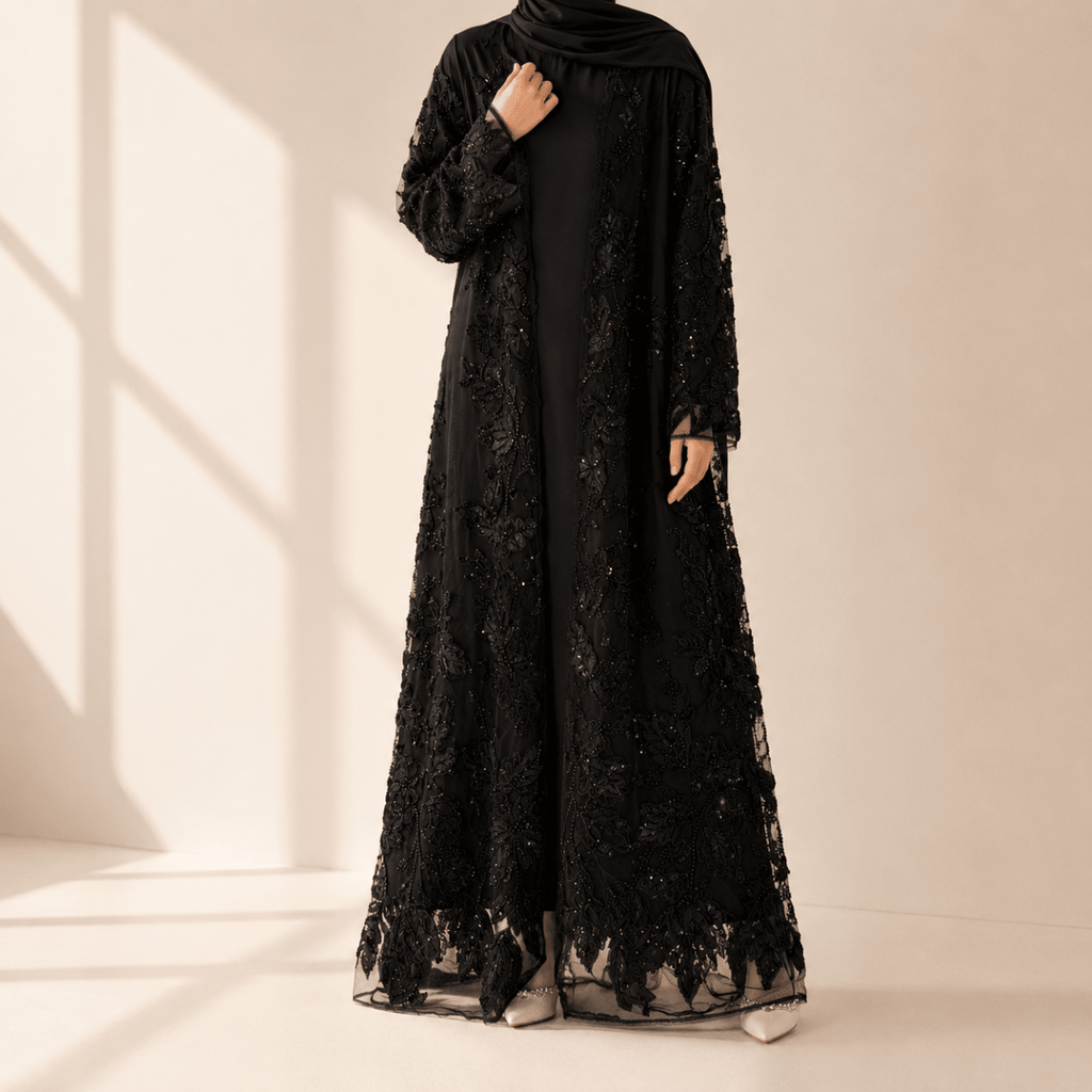 Luxury Couture 3D Floral Embellished Open Abaya(MOA300)