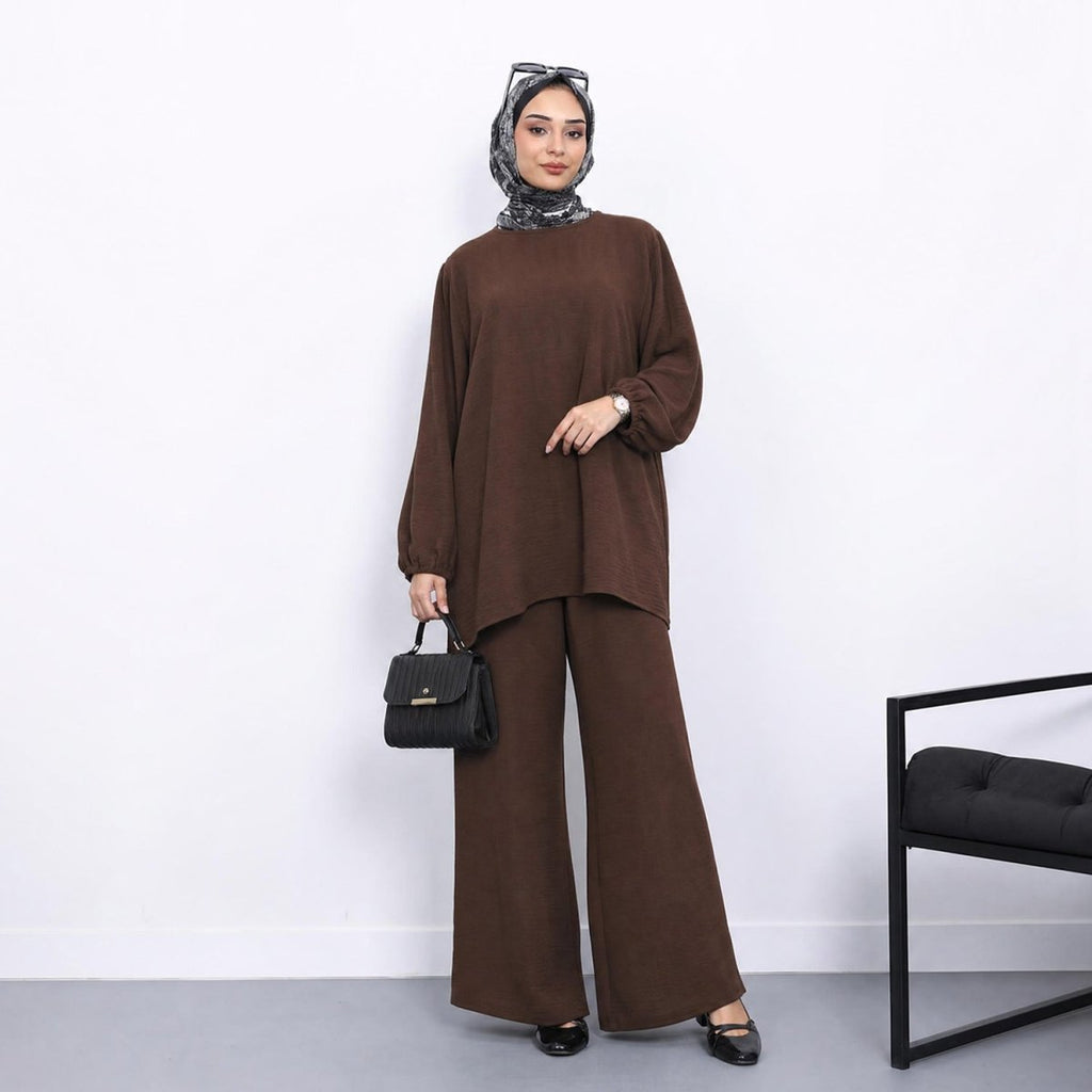 Textured Longline Top & Wide-Leg Trouser Set(MS455)