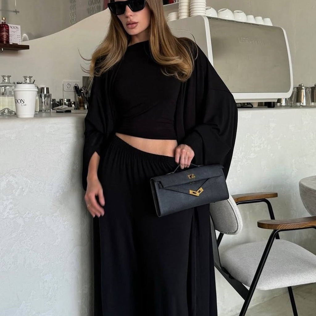 Three-Piece Cape Cardigan Set | Crop Top & Wide-Leg Pants Outfit(MS258)