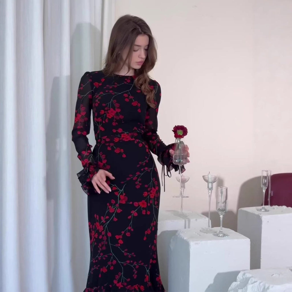 Vintage Floral Print Dress with Ruffle Cuffs(MS338)