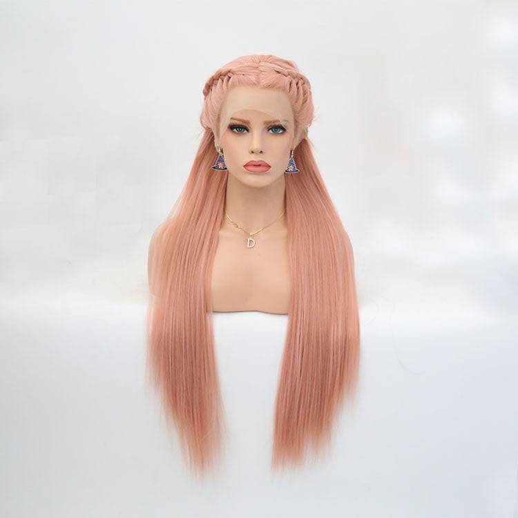 VIP Extensions Rose Pink Straight Braided Crown Synthetic Lace Front Wig, 24", Color 1532 (76)