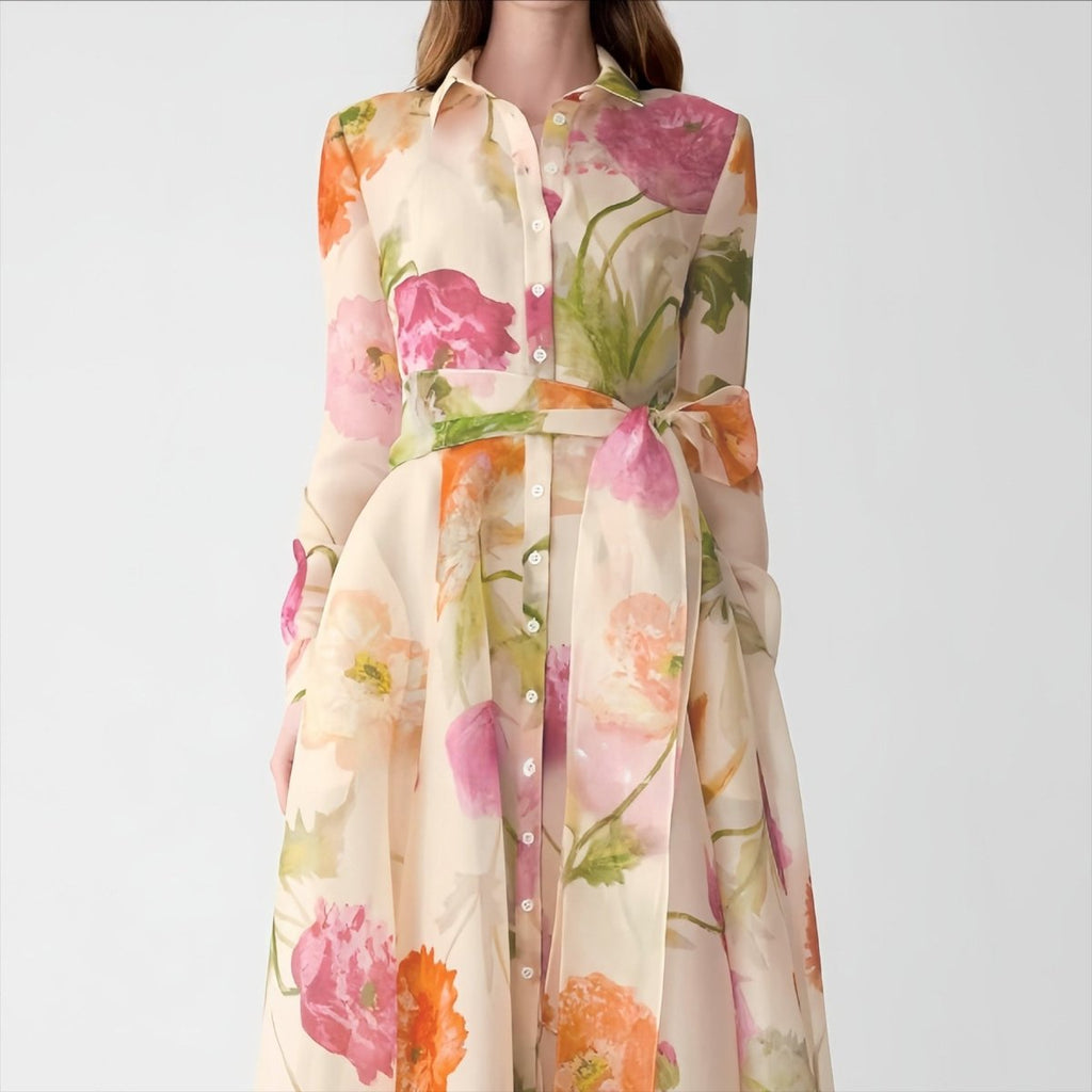 Watercolour Floral Shirt Maxi Dress(MS414)